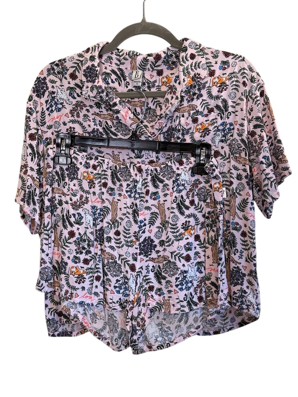 Ellen DeGeneres Pink Cat Print Pajama Short Set Button-Down Top sz L